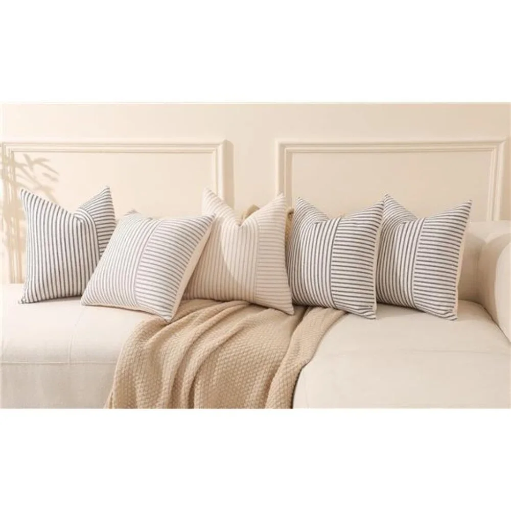 Set of 2 Farmhouse Throw Pillow Covers 18 x 18 Striped Linen Decorative